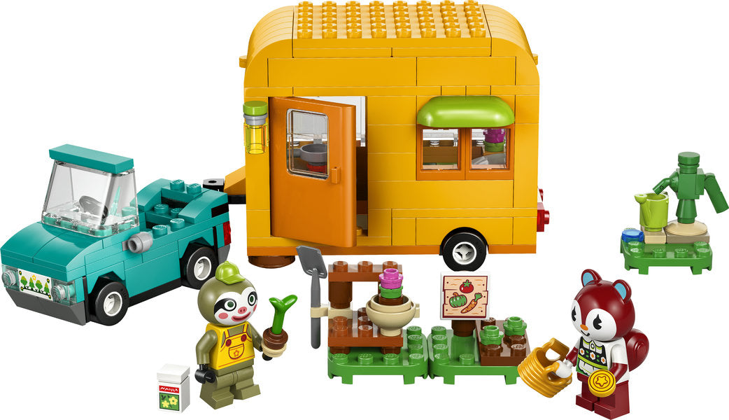 Animal Crossing Leif's Caravan & Garden Shop toy set with green truck, caravan, and character figures with plants and accessories.