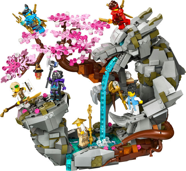 LEGO Ninjago Dragon Stone Shrine playset with stone dragon, waterfall, cherry blossom tree, and six ninja minifigures.
