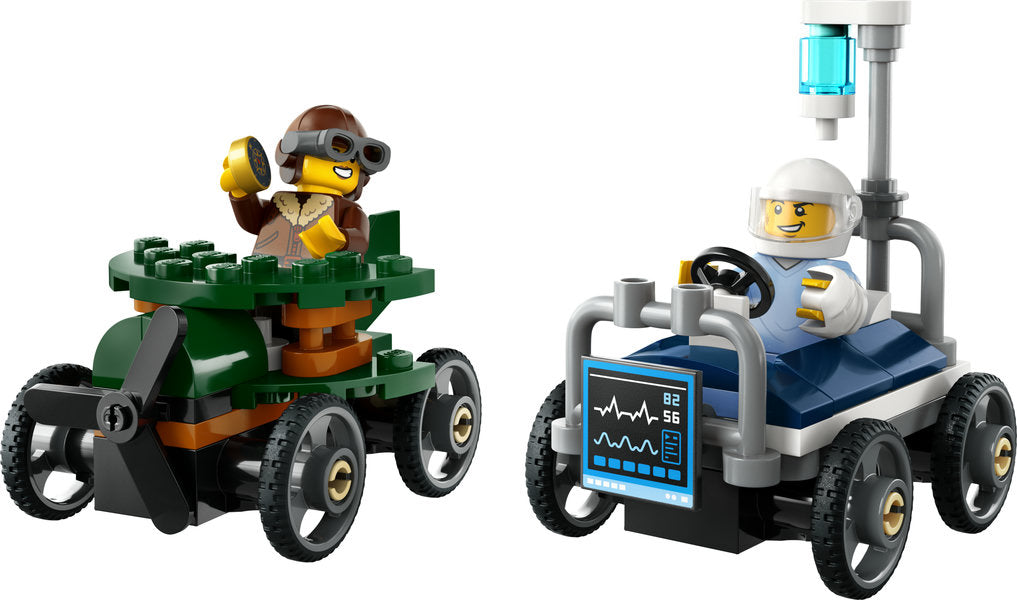 City Airplane vs Hospital Bed Race Cars with pilot and patient minifigures in fun soapbox race car toys for kids.