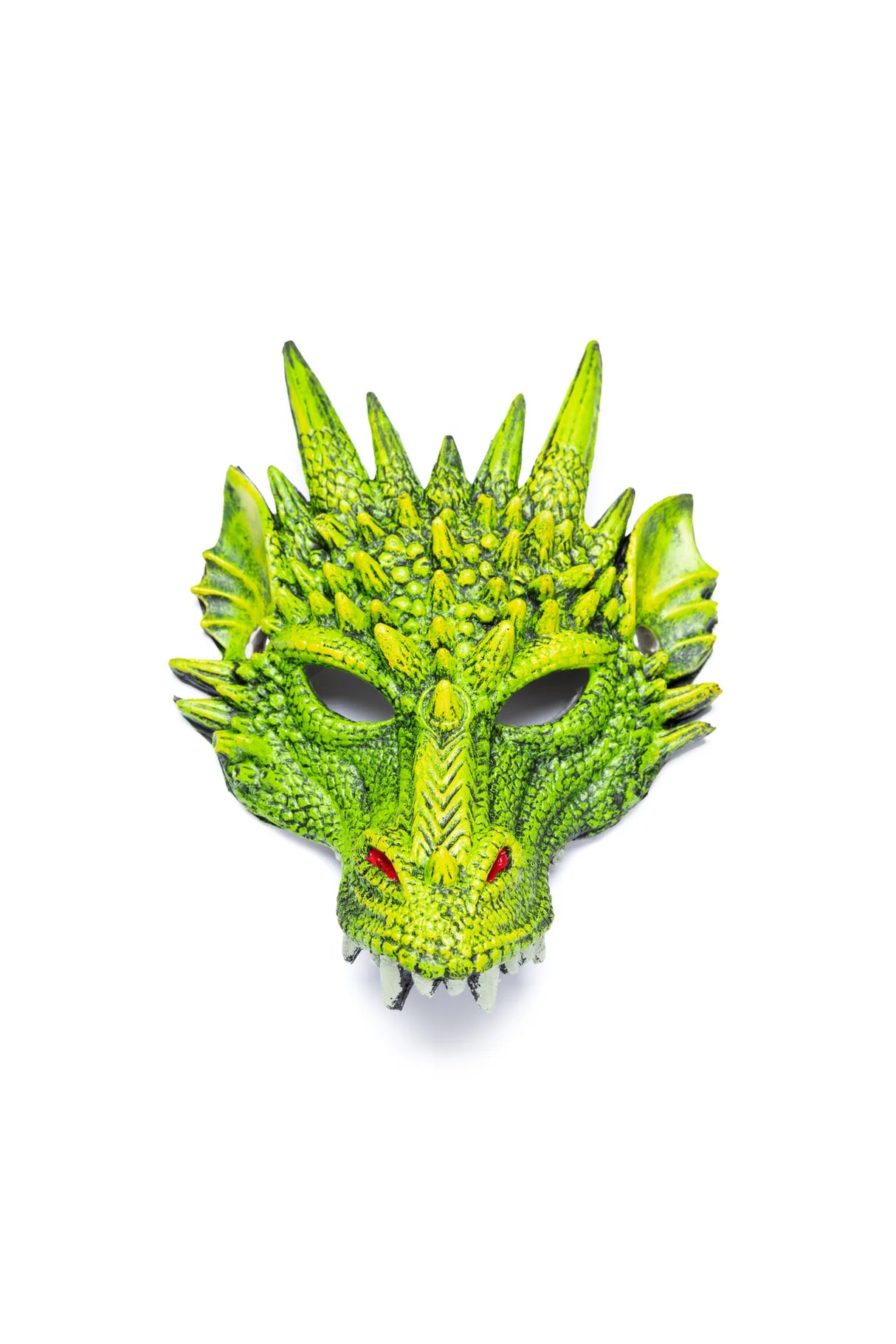 Dragon Mask | Green made of rubberized foam with textured scales, adjustable strap, and vibrant green color for kids.