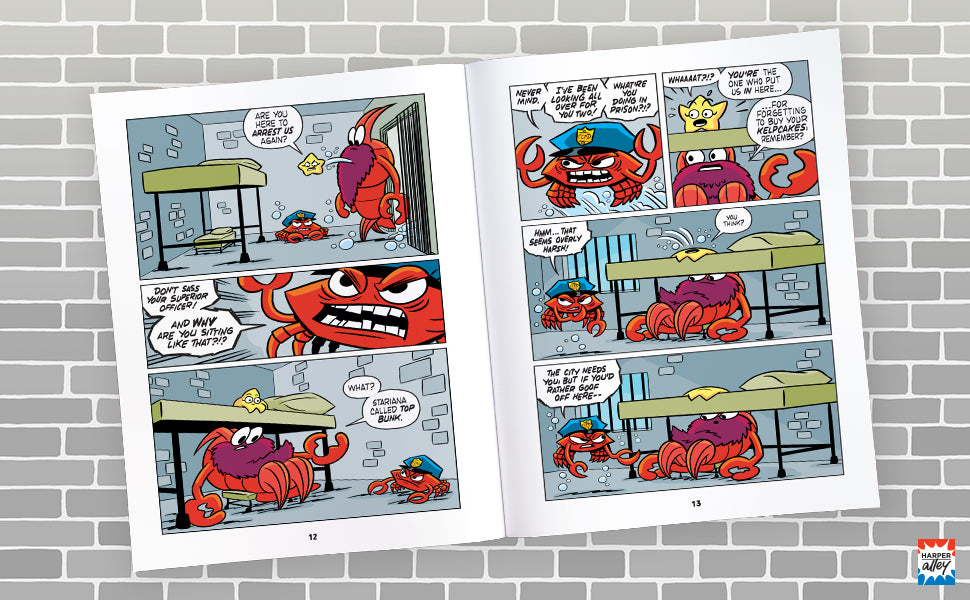 Open pages of Officer Clawsome: Crime Across Time showing comic-style illustrations of crime-solving characters.