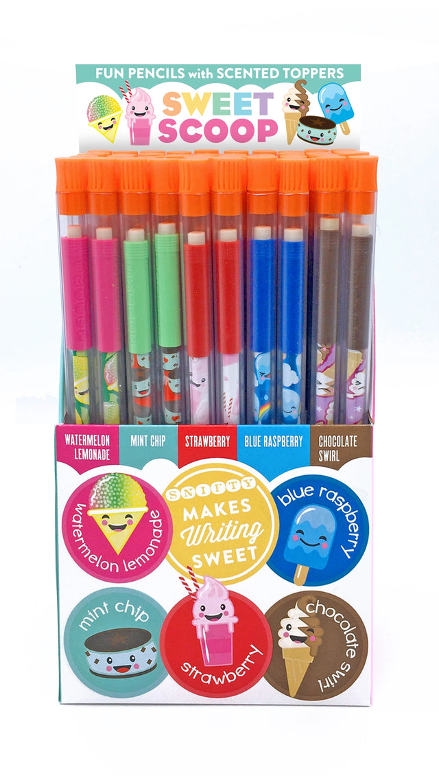 Pencil Topper Scented | Sweet Scoop showing colorful scented pencil toppers with five sweet flavors in a display box.