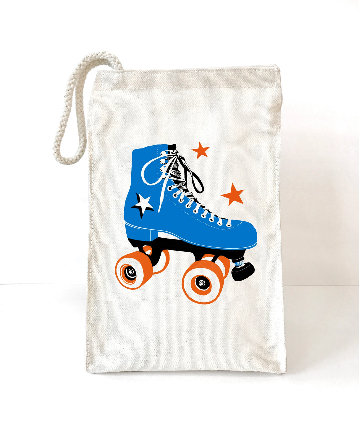 Lunch Bag | Roller Skate with blue skate graphic and orange stars on white recycled cotton fabric tote.