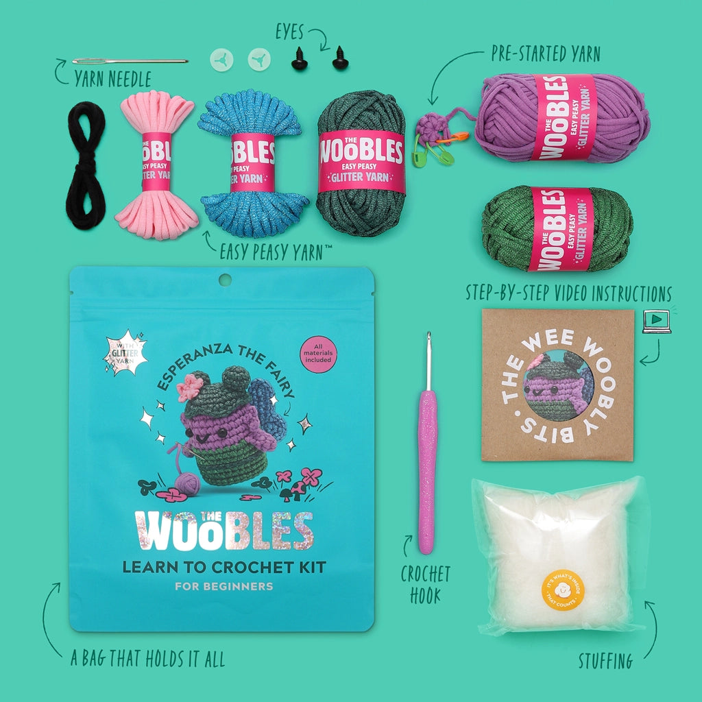 The Woobles Crochet Kit | Esperanza the Fairy with yarn, crochet hook, stuffing, and step-by-step video instructions.