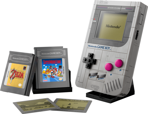 Brick-built Super Mario Game Boy with interchangeable game paks and lenticular screens on a display stand