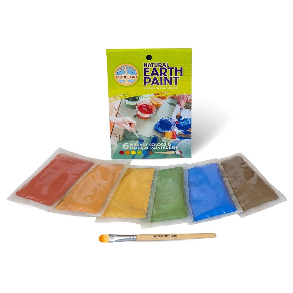 Petite Natural Earth Paint Kit with six vibrant earth pigment packets and a bamboo paintbrush on white background.