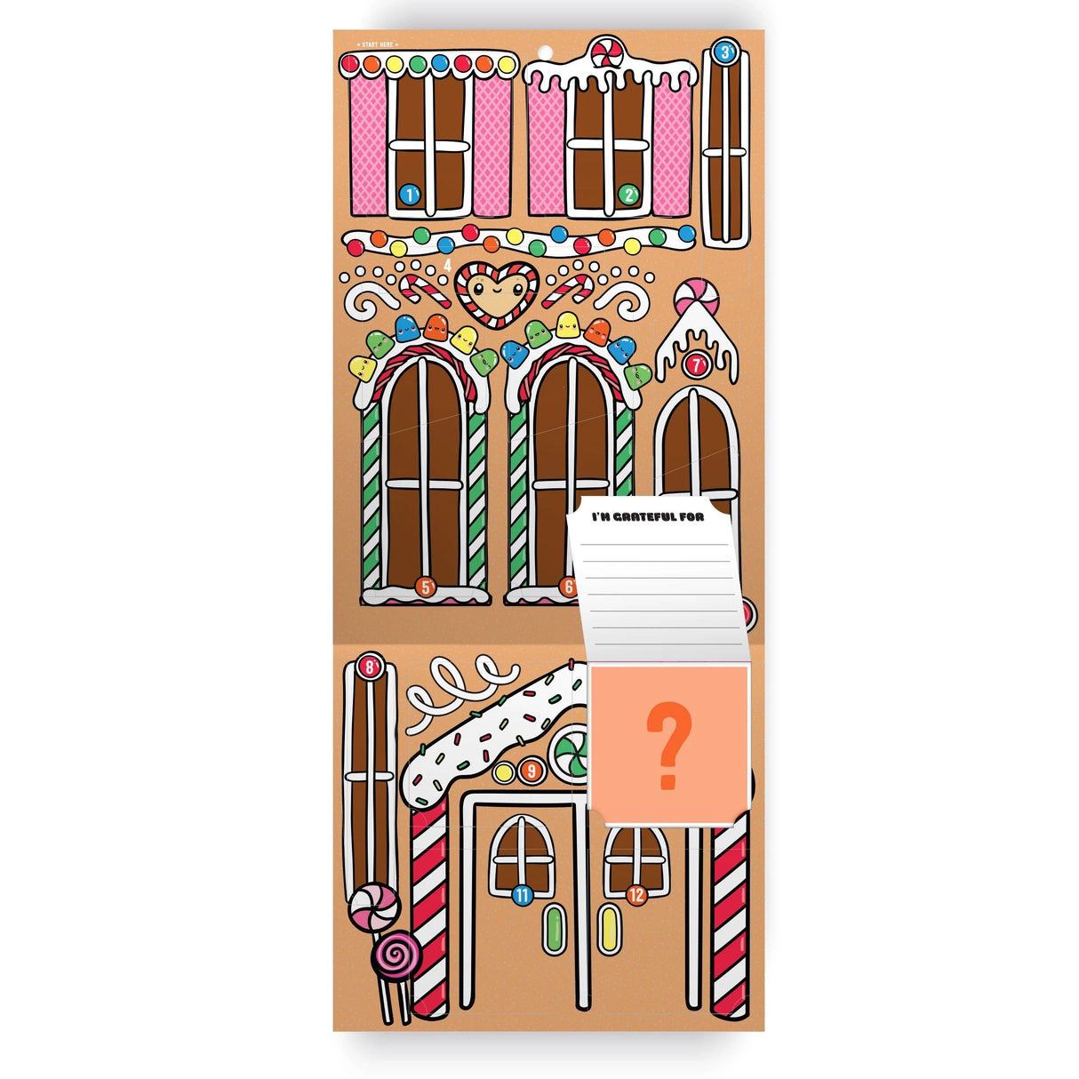 Kawaii Christmas Sticker Advent Calendar showing a festive gingerbread house with numbered doors and holiday decorations.