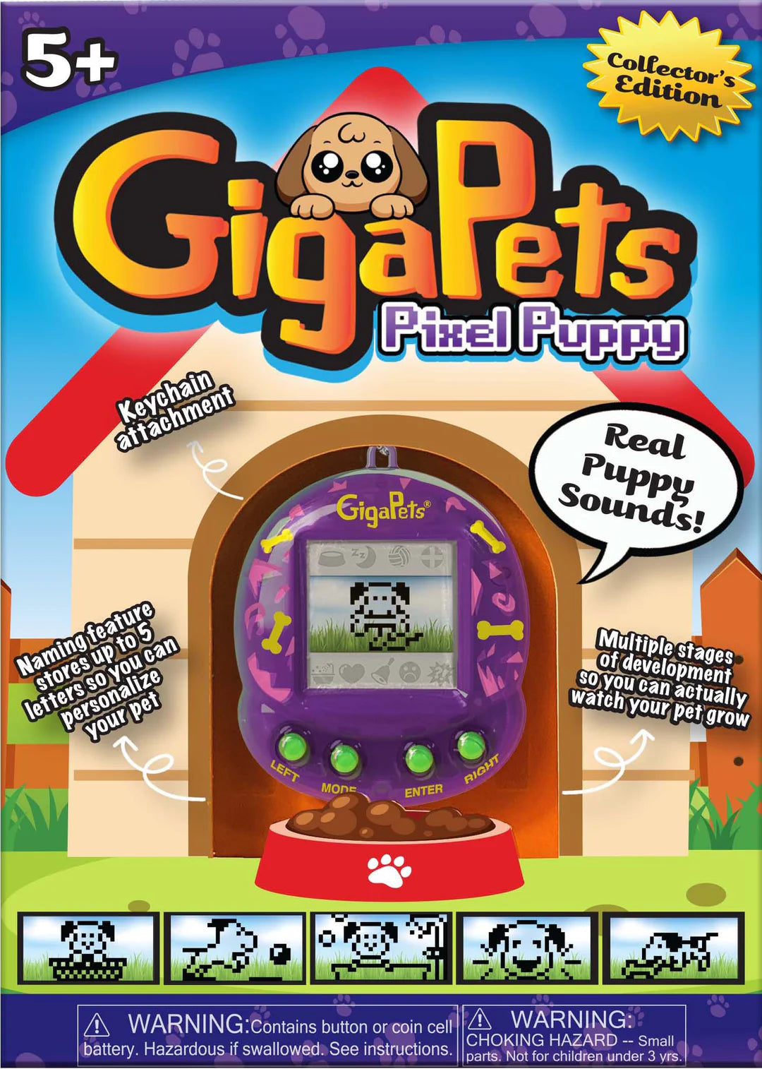 GigaPets Pixel Puppy virtual pet toy with keychain, multiple growth stages, real puppy sounds, and customizable name feature.