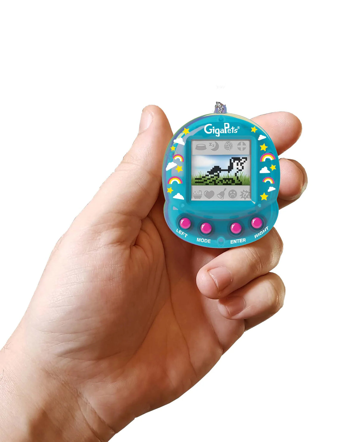 Hand holding a blue GigaPets Virtual Unicorn digital pet toy with buttons and pixelated screen on white background