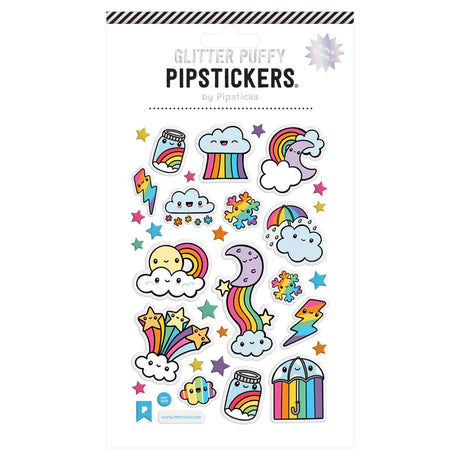 Puffy Cloudbursts Stickers sheet with glitter accents featuring colorful rainbows, clouds, stars, and lightning bolt designs.