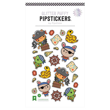 Puffy Pirates Stickers featuring glitter accents with cute pirate characters, maps, parrots, and pirate-themed items.