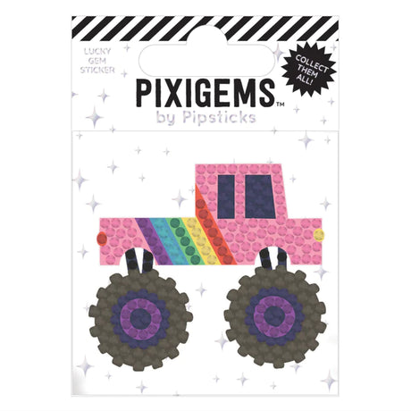 Pixigem Sticker | Micky Monster Truck sparkly 2x2 inch good luck charm with rainbow stripes and monster wheels