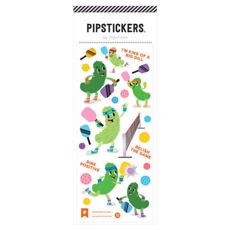 Pickledome Players Stickers featuring playful pickle characters with pickleball gear and fun phrases on clear holographic foil backing.