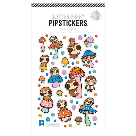 Slow Mush Love Puffy Stickers featuring cute sloths and colorful mushrooms with glitter accents on a 4x6 inch sheet.