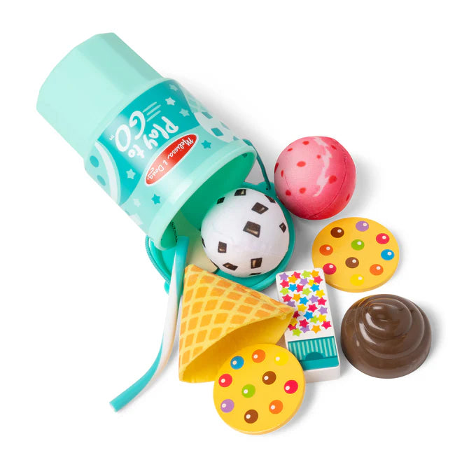Play to Go Ice Cream Play Set with felt cone, plush scoops, wooden cookies, chocolate sauce, and sprinkles in a take-along cup.