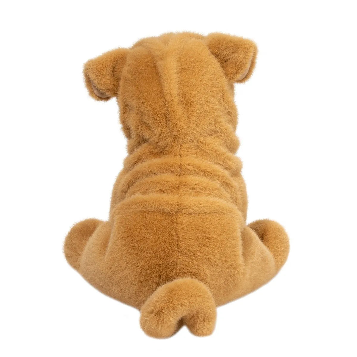 Tater DLux Shar-Pei plush showing soft wrinkles, curled tail, and tipped ears viewed from the back in a seated pose.