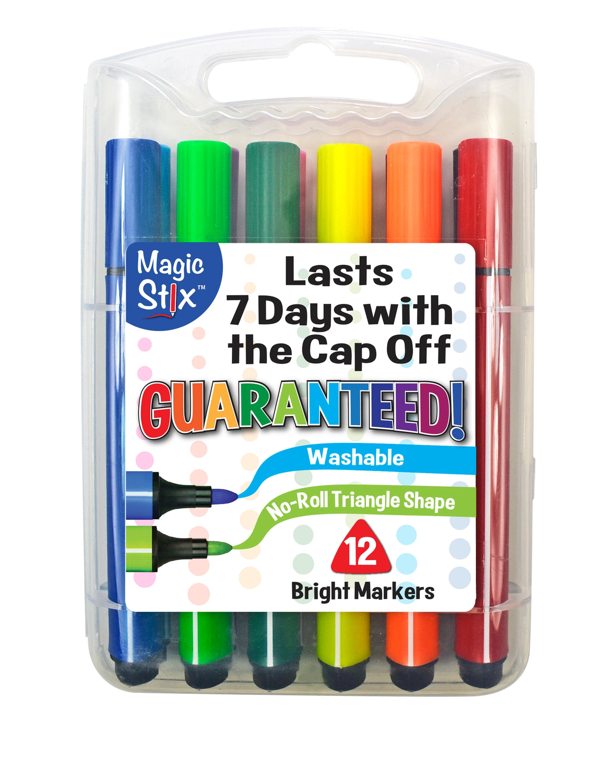 Magic Stix Markers 12pc pack featuring washable, non-toxic, no-roll triangular markers in 12 bright colors.