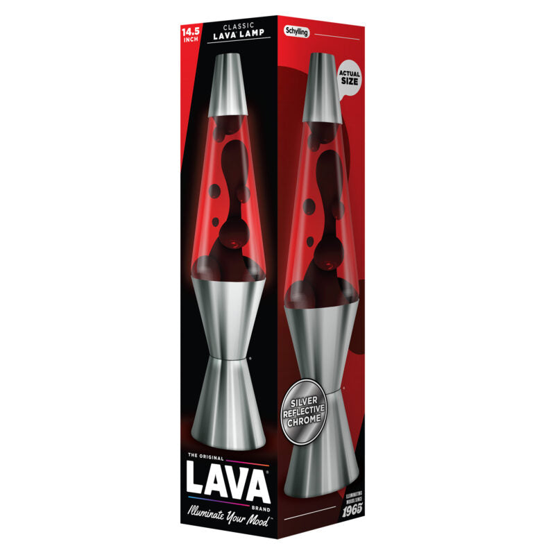 Lava Lamp | Chrome Plated Crimson with black wax and red liquid in silver reflective chrome base packaging box.