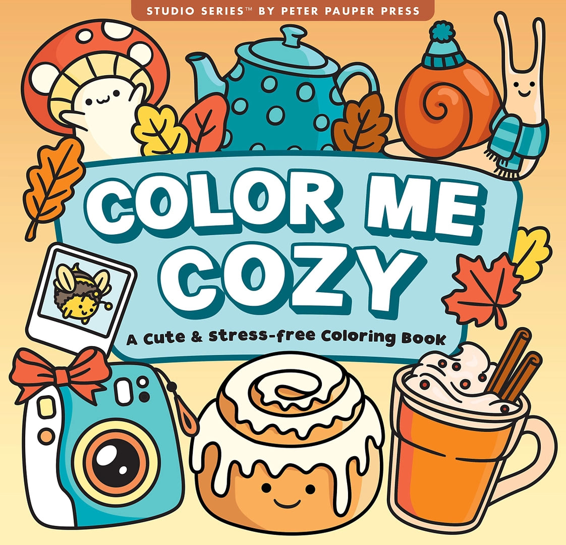 Color Me Cozy coloring book cover with cute autumn illustrations of treats, a camera, tea pot, and cozy animals.