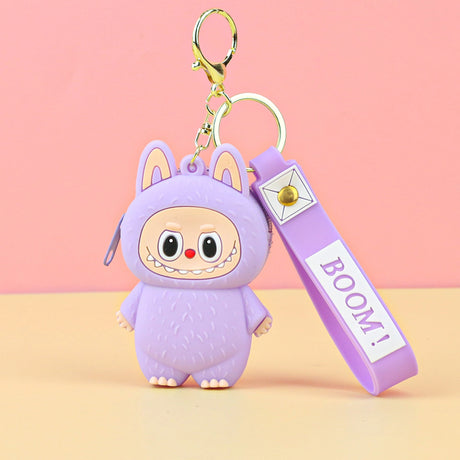 Labubu Cute Coin Purse in purple silicone with smiling character design and attached keyring for playful everyday use.