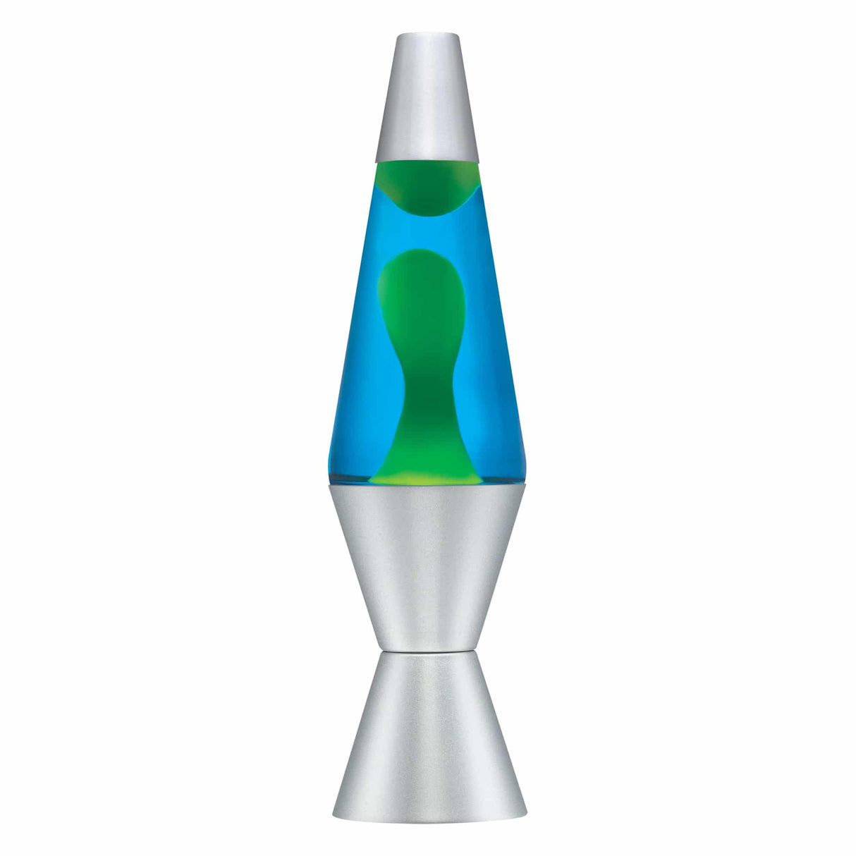 Lava Lamp | Green & Blue with mesmerizing green wax in blue liquid and silver aluminum base and cap, 14.5 inches tall.