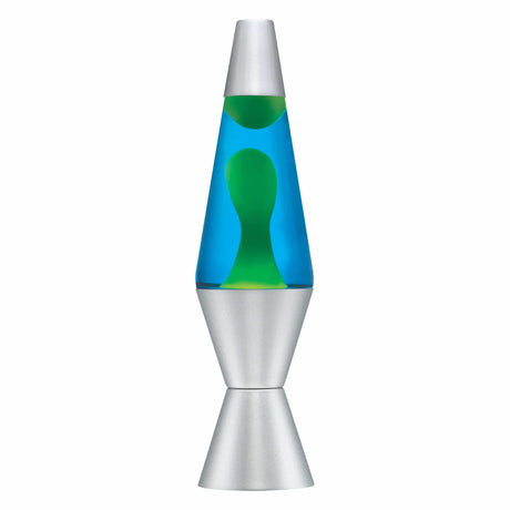 Lava Lamp | Green & Blue with mesmerizing green wax in blue liquid and silver aluminum base and cap, 14.5 inches tall.