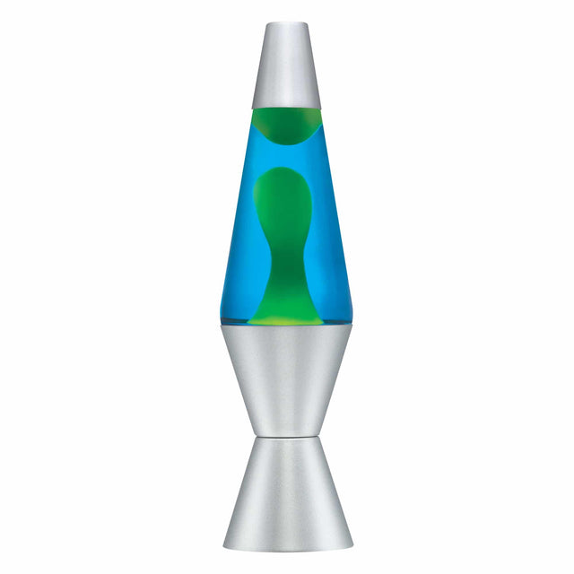 Lava Lamp | Green & Blue with mesmerizing green wax in blue liquid and silver aluminum base and cap, 14.5 inches tall.