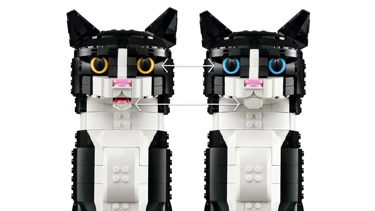 Ideas Tuxedo Cat buildable model with adjustable ears, paws, tail, and changeable yellow and blue eyes.