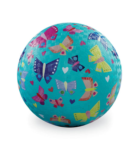 Playground Ball 7in | Butterfly Rainbow with colorful butterflies on textured blue surface for active play.