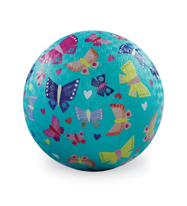 Playground Ball 7in | Butterfly Rainbow with colorful butterflies on textured blue surface for active play.
