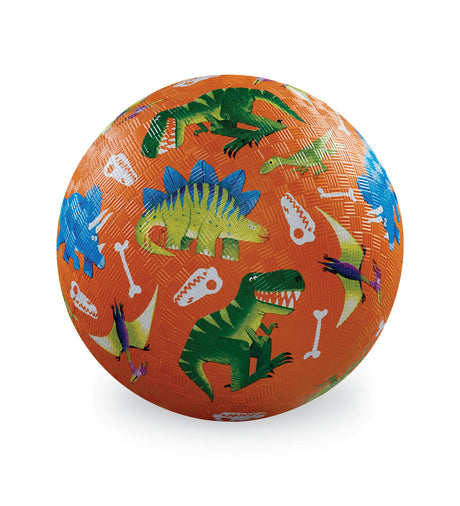 Playground Ball 7in | Dinosaur Dig featuring colorful dinosaur and bone patterns on an orange textured ball.