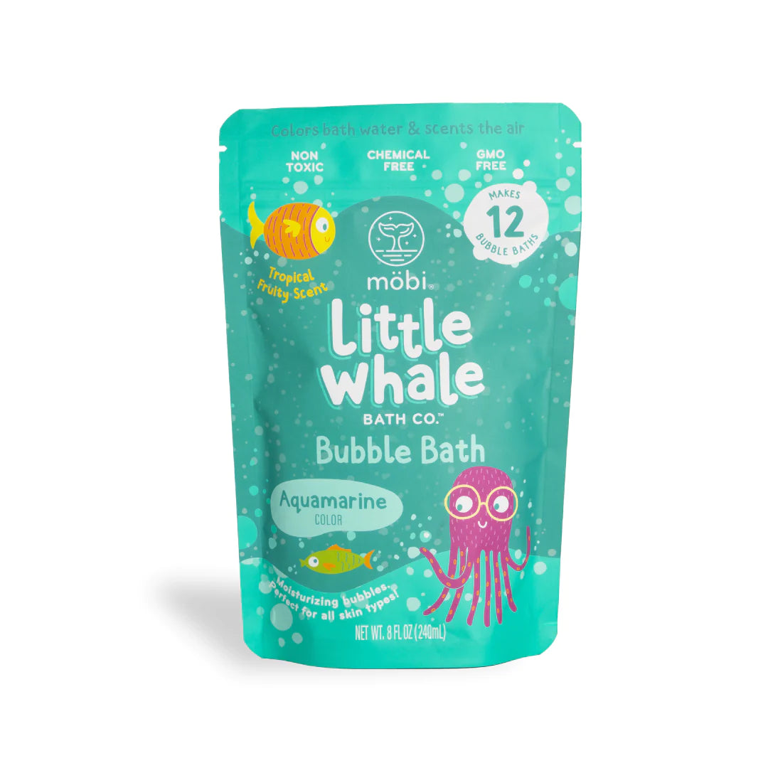 Little Whale Bath Co Bubble Bath Aquamarine foaming bath powder in a resealable pouch with tropical fruity scent.