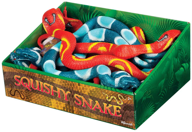 Squishy Snake stretchy toy snakes in assorted bright colors displayed in a green box for kids ages 5 and up.