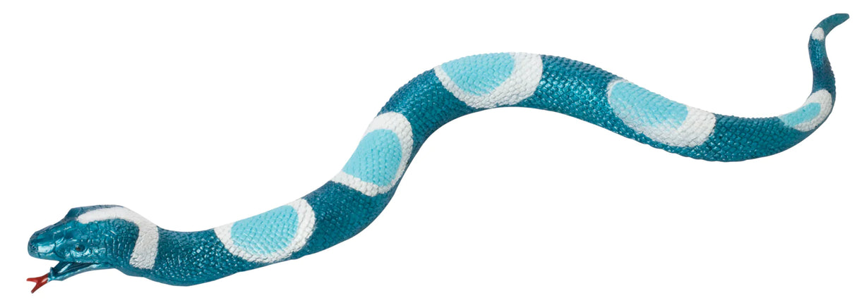 Squishy Snake toy in blue with white spots, flexible and stretchable for kids ages 5 and up.