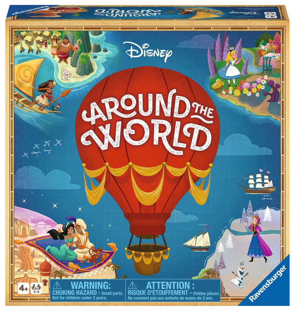 Disney Around the World board game featuring a red hot air balloon and Disney characters flying over magical lands.