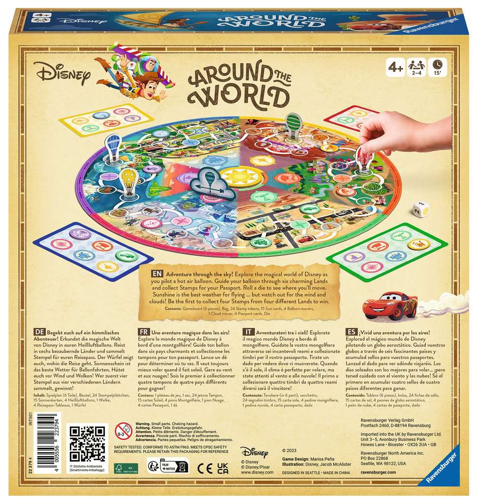 Disney Around the World board game with colorful pieces, passport cards, and players moving balloons across six Lands.