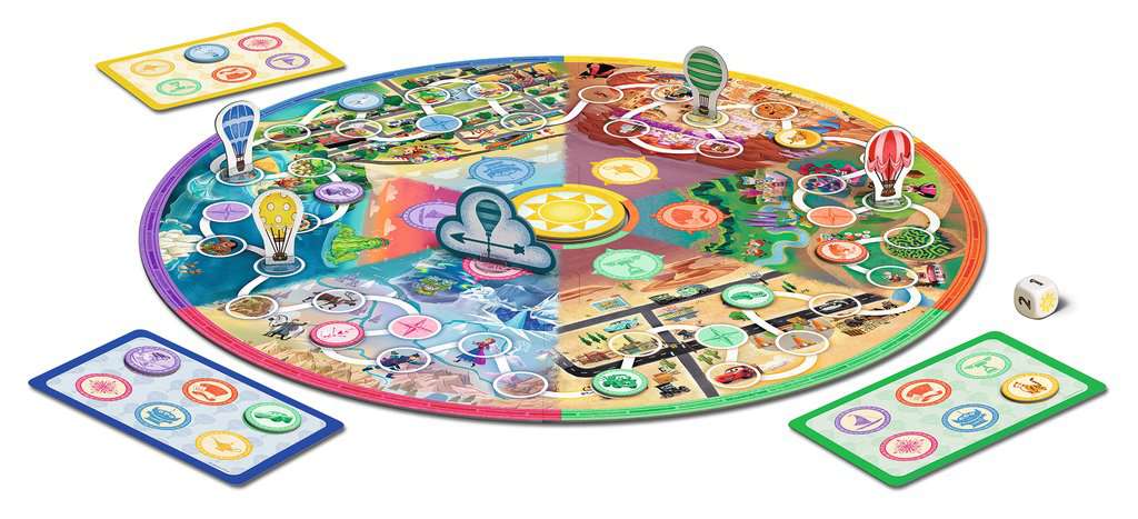 Disney Around the World board game with colorful hot air balloons, passport cards, stamps, and die for family fun adventure.