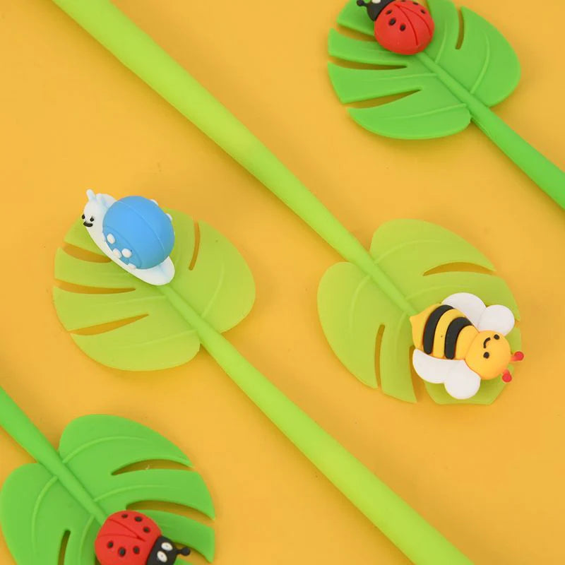 Insect Wiggle Gel Pen with bee, ladybug, and snail designs on green leaf-shaped pen tops, perfect for writing and illustration.