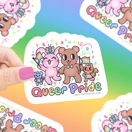 Queer Pride Sticker featuring colorful cartoon animals holding pride flags, made from durable, waterproof vinyl by Turtle's Soup.