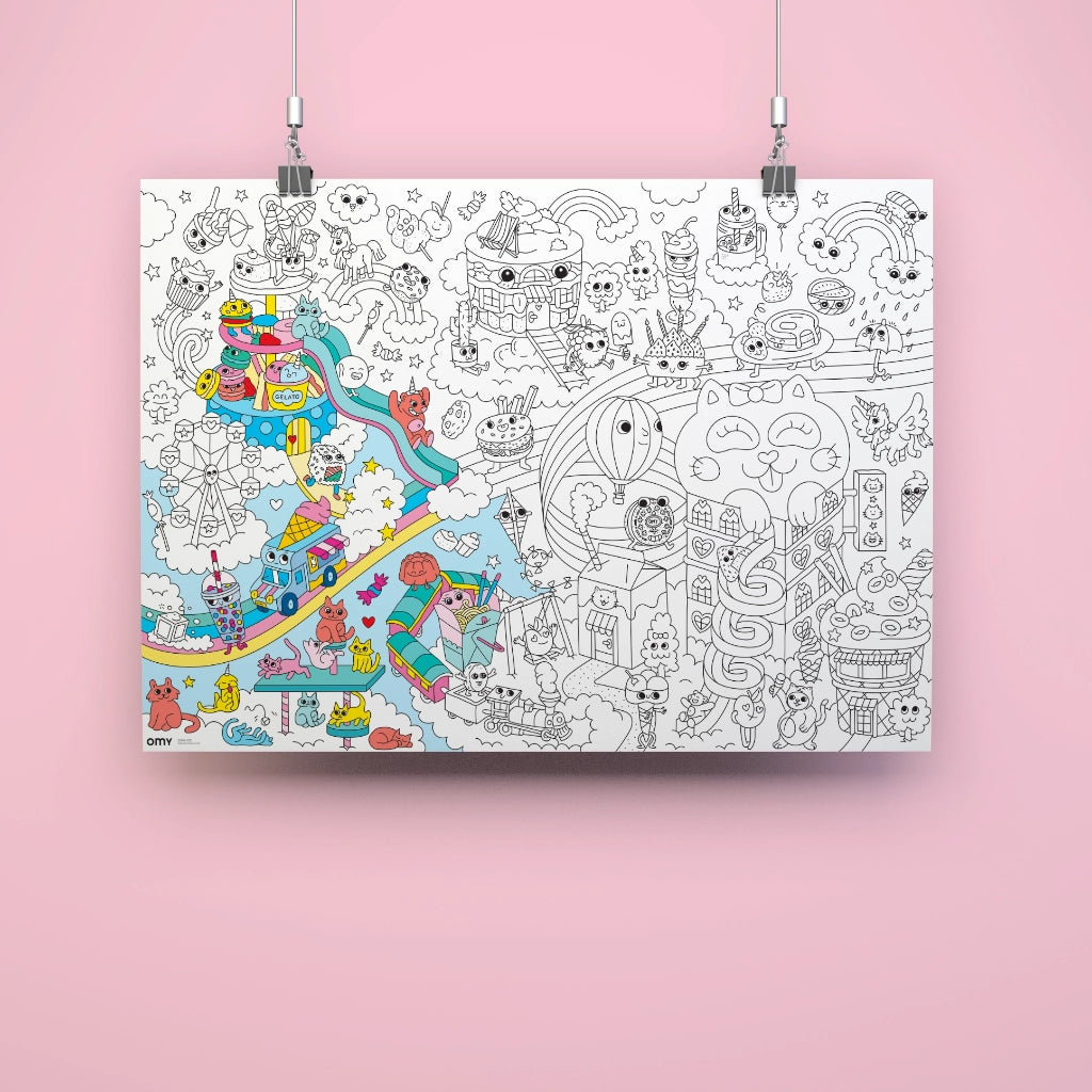 Giant kawaii coloring poster with cute, whimsical characters and fantasy scenes partially colored on pink background.