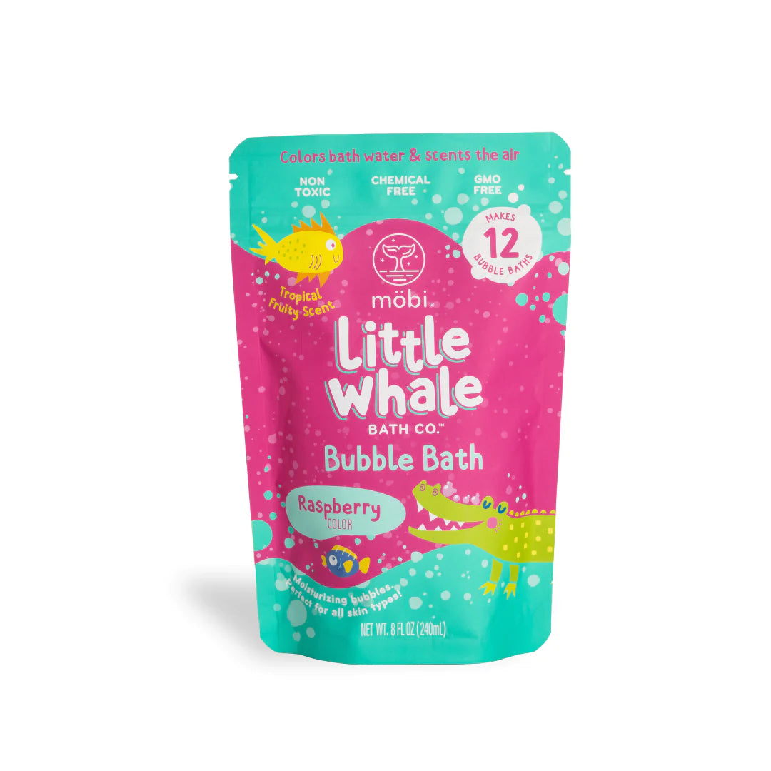 Little Whale Bath Co Bubble Bath raspberry scent in a non-toxic, vegan, gluten-free resealable pouch.