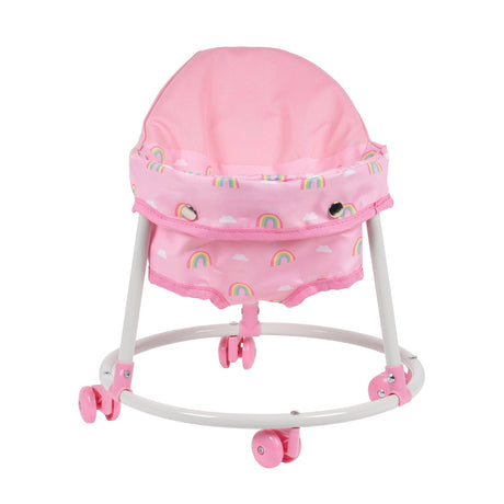 Walker Rainbow Rose toy doll walker with pink rainbow fabric and four pink wheels for stuffed animals and dolls.