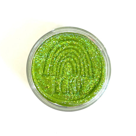 KidDough Glitter | Green sensory dough with shimmering glitter in a clear container, soft and pliable for creative play.