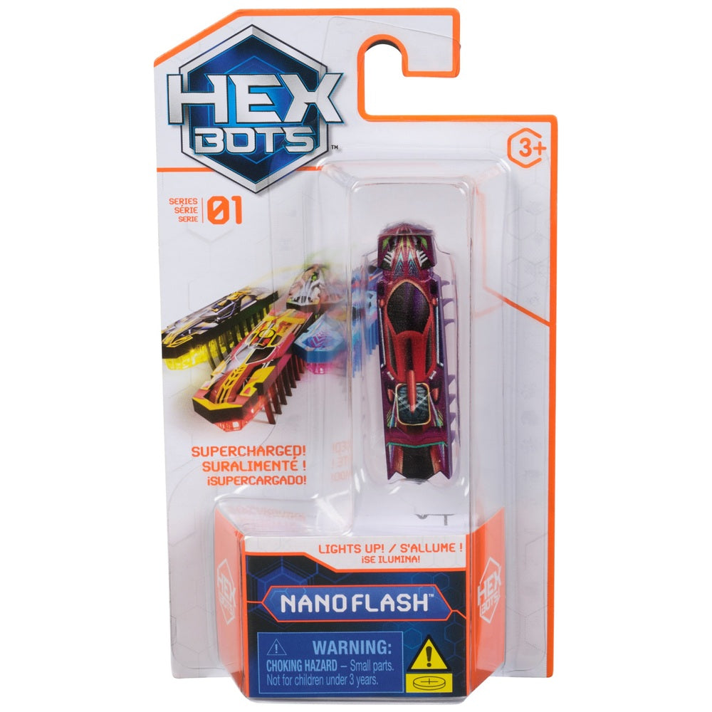 Hex Bots Nano Flash electronic toy with LED lights, supercharged speed, and vibration technology for kids 3 and up.