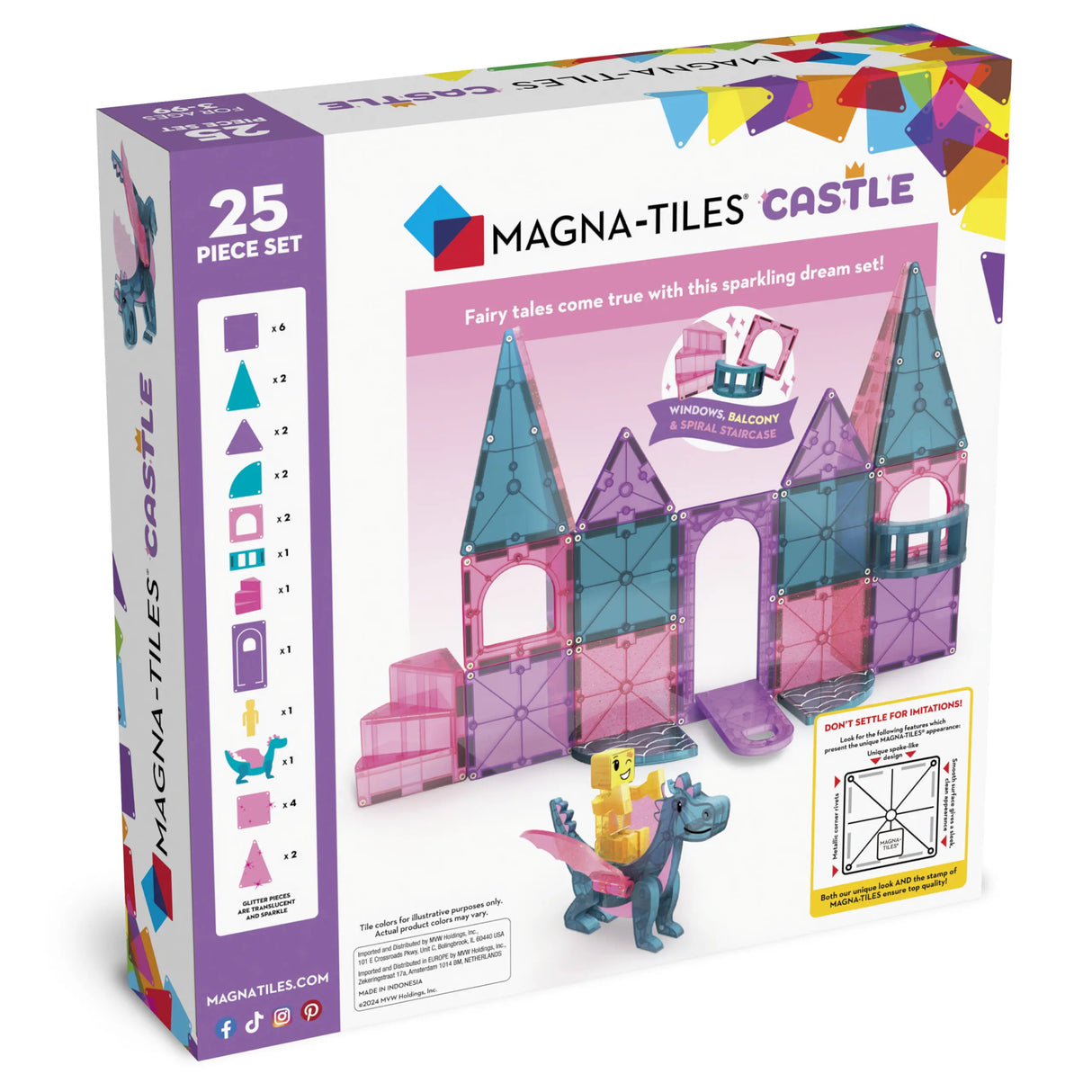 MAGNA-TILES® Castle 25-piece set with drawbridge, balcony, spiral staircase, glitter tiles, and dragon figure for creative play.