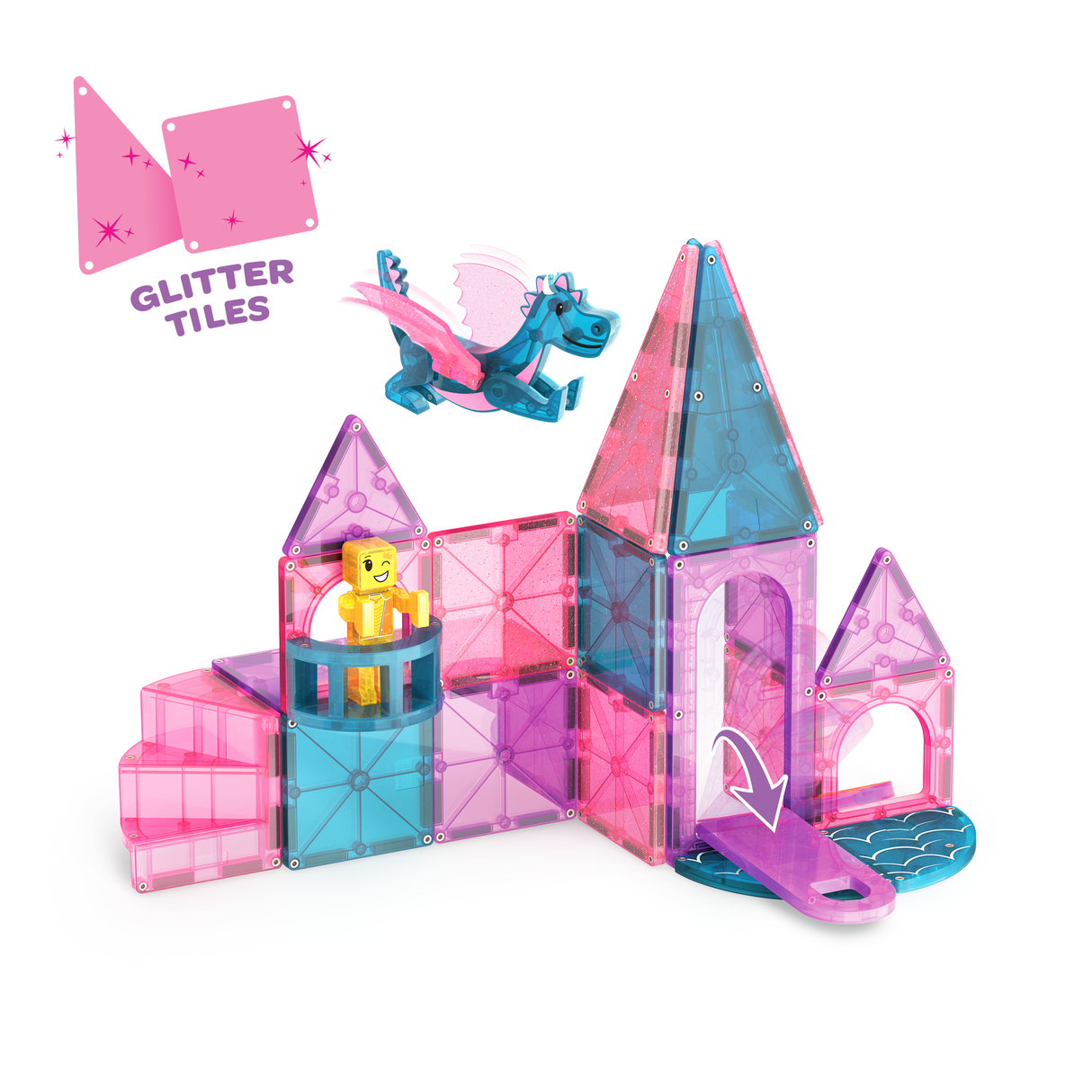 Magnatiles Castle with glitter tiles, drawbridge, spiral staircase, balcony, dragon and royalty figure for creative play.