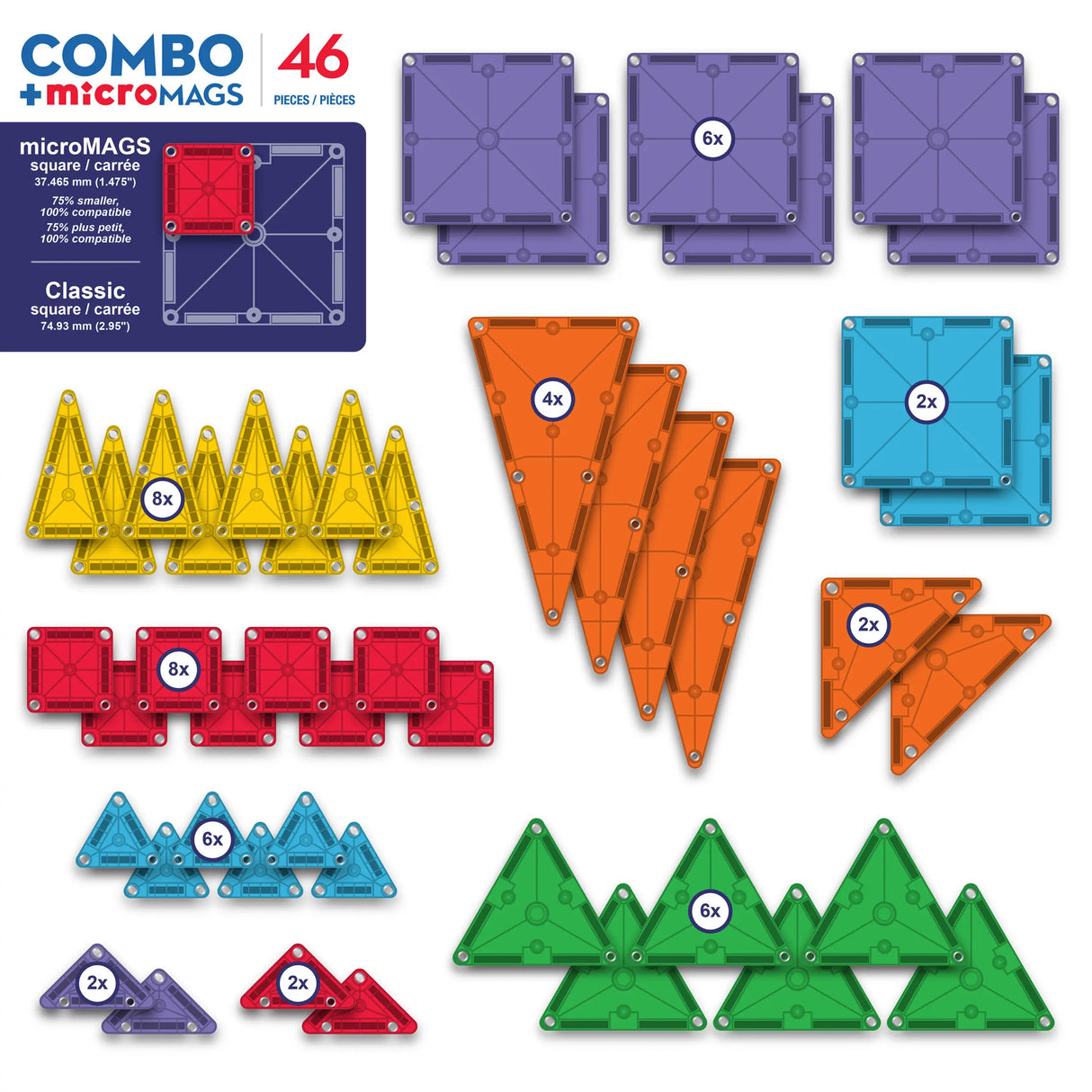 Magnatiles Micromags Combo 46pc showing colorful microMAGS and Classic tiles in various geometric shapes for creative play.