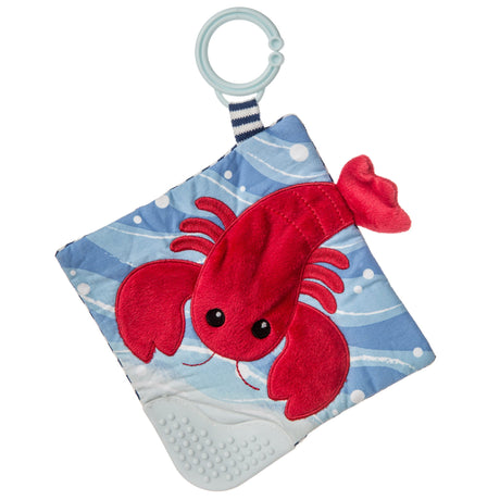 Crinkle Teether Lobbie Lobster with red lobster applique, crinkle paper, soft teether, and flexible loop clip for strollers.