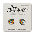Retro Puzzle Cube Earrings with vibrant colors, hypoallergenic titanium posts, and waterproof, fade-proof design.