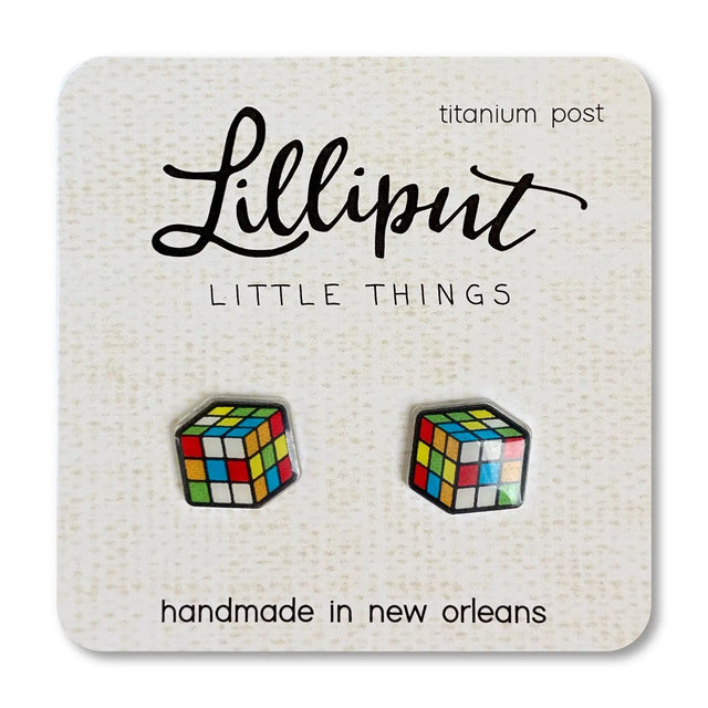 Retro Puzzle Cube Earrings with vibrant colors, hypoallergenic titanium posts, and waterproof, fade-proof design.